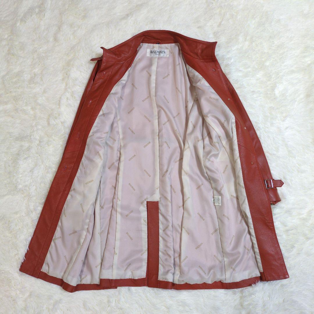 高級　バルマン　羊革　ラムレザー　ロング　レザーコート　ベルト　バックル　ロゴ