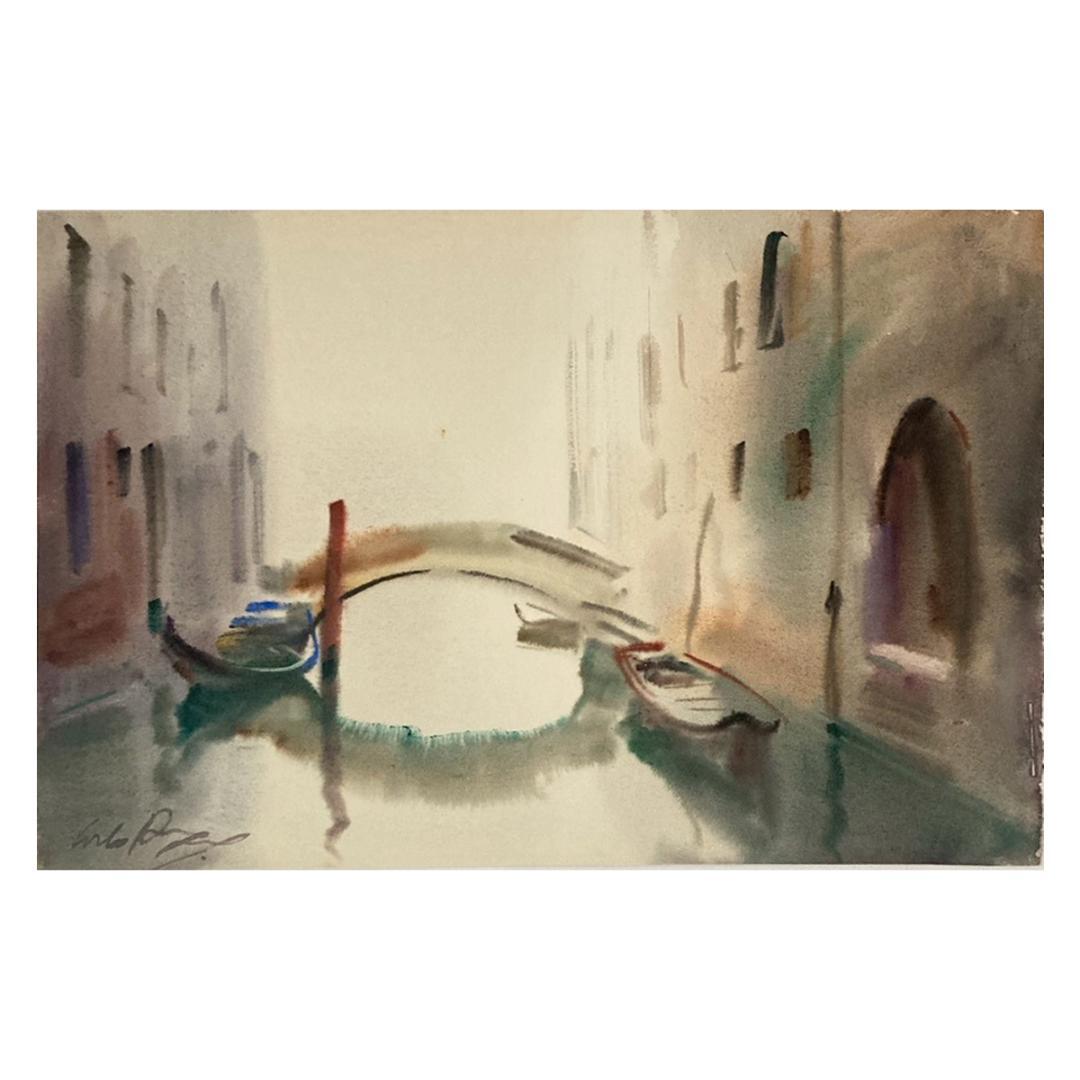 カルロ・ルヴァニャン｜べニス・フラーリ運河｜水彩画｜原画｜20世紀アンティーク品