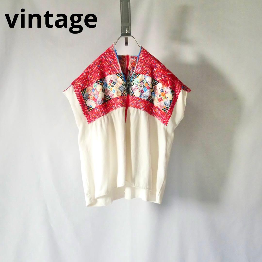 Vintage ヴィンテージ　メキシコ刺繍　マヤ民族　トップス　チュニック　古着