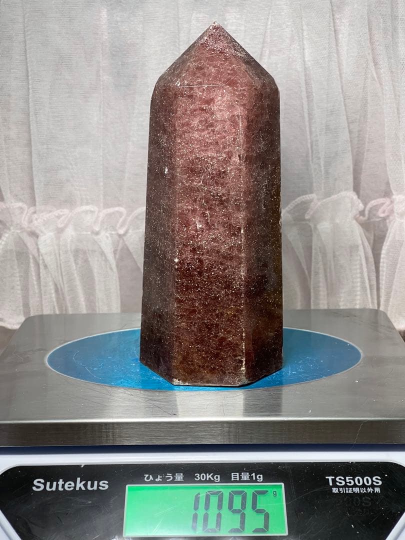 天然石　高品質　大きい　ストロベリークォーツ　六角柱　ポイント　1095g