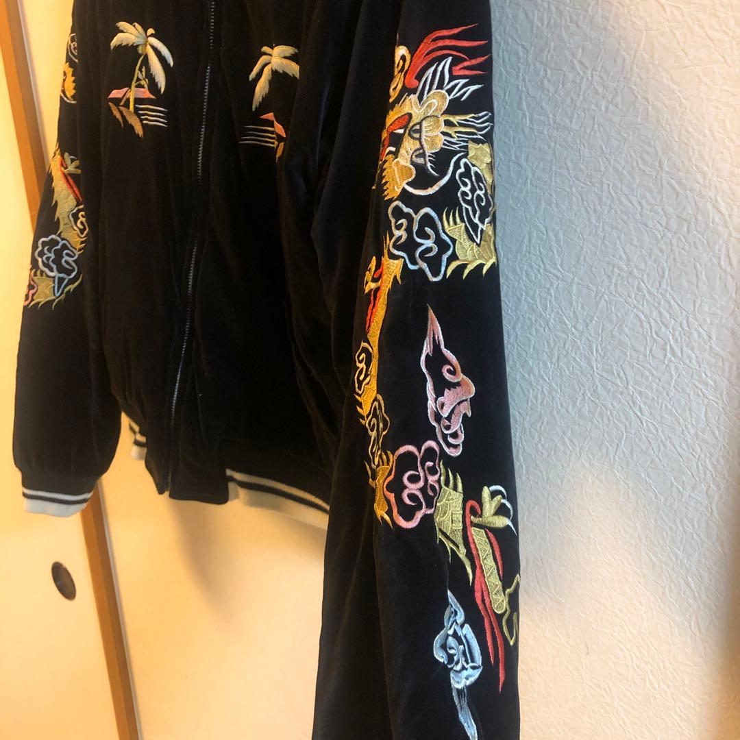黒 ベルベット パームツリー刺繍 スカジャン