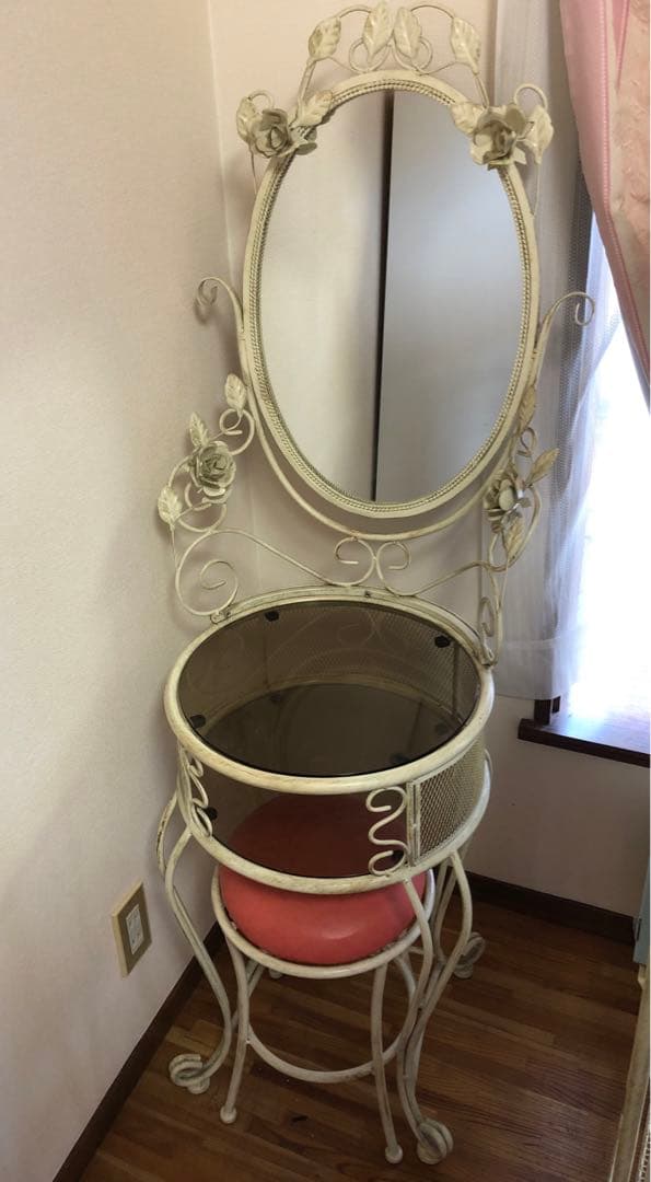 ホワイト アイアン アンティークヴィンテージ風ドレッサー ミラー付き