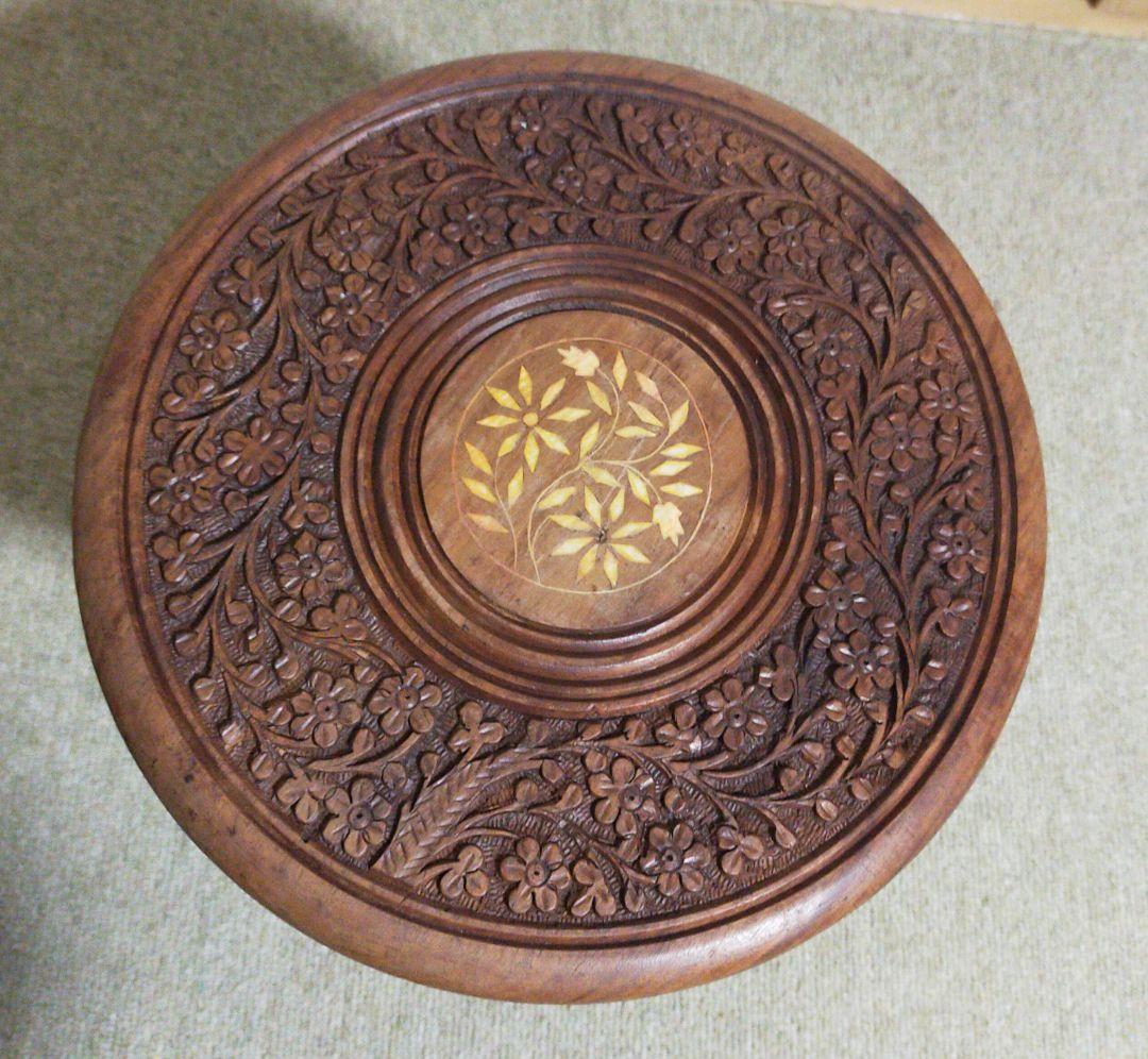 セール✨天然木　精細木彫り工芸品　折り畳みサイドテーブル　花台飾り台未使用保管品