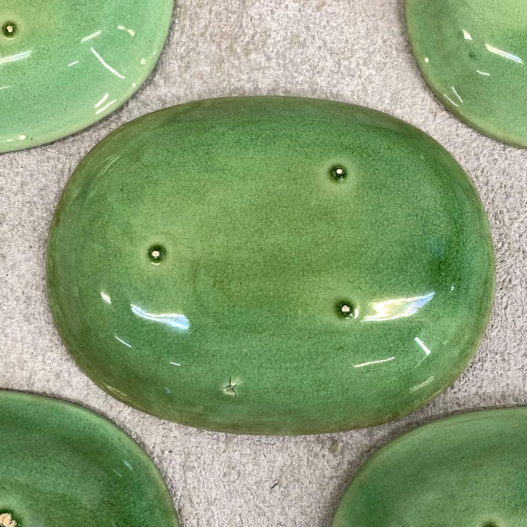 小皿5点 珉平焼 小判型 龍 淡路 人気 タイルグリーン 古皿 手塩皿 緑 翠