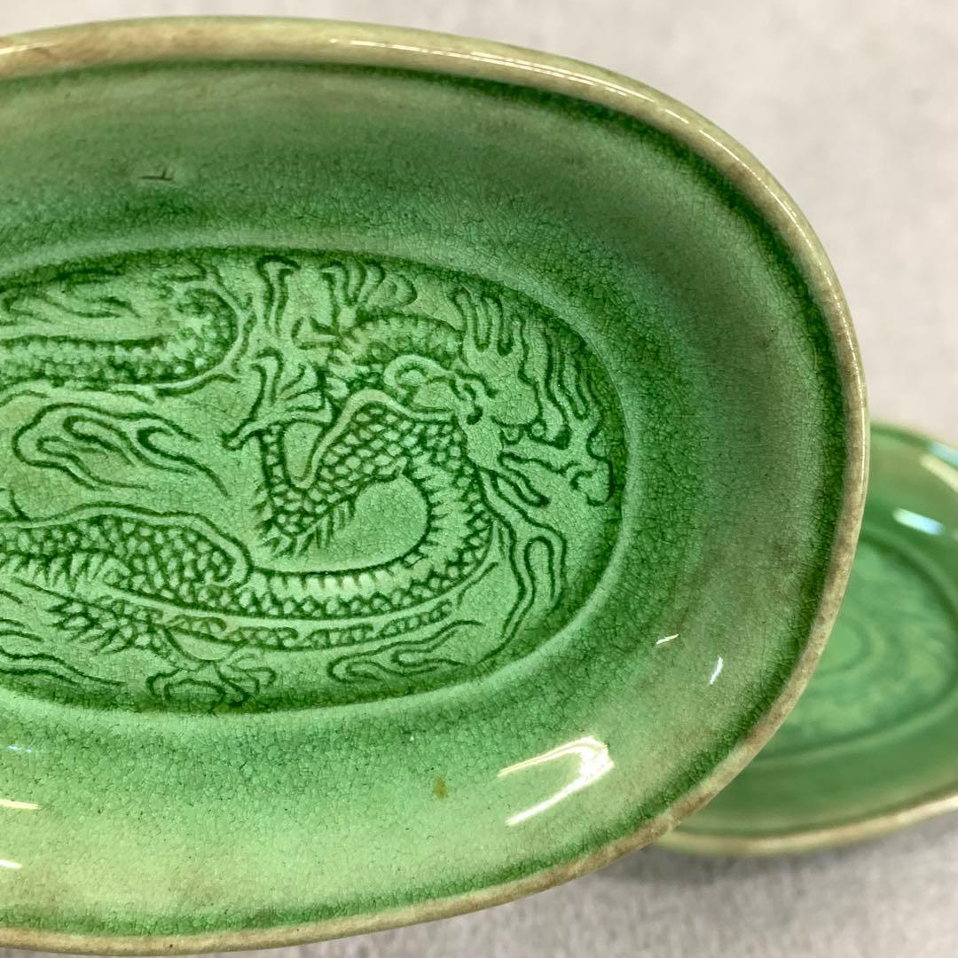 小皿5点 珉平焼 小判型 龍 淡路 人気 タイルグリーン 古皿 手塩皿 緑 翠