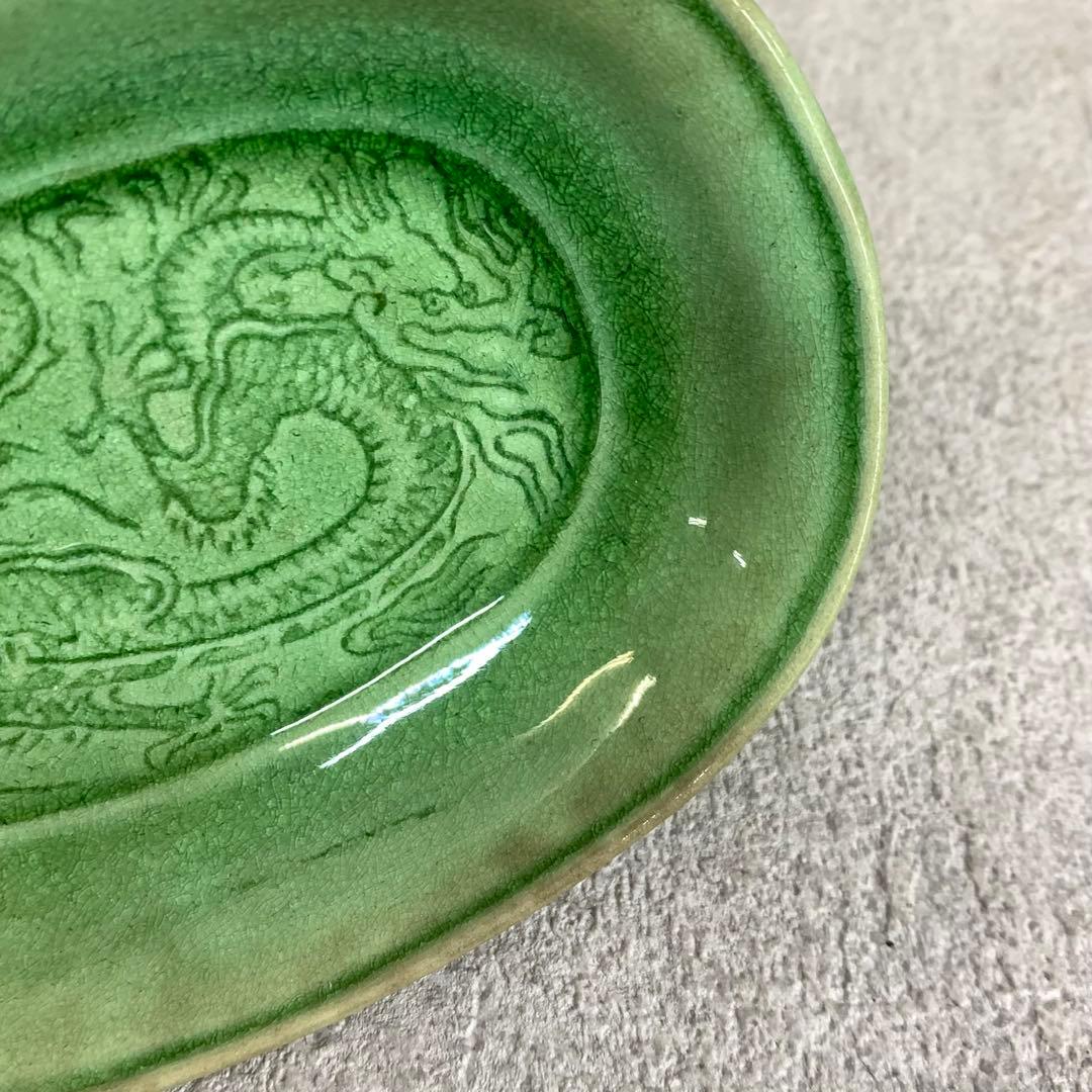 小皿5点 珉平焼 小判型 龍 淡路 人気 タイルグリーン 古皿 手塩皿 緑 翠