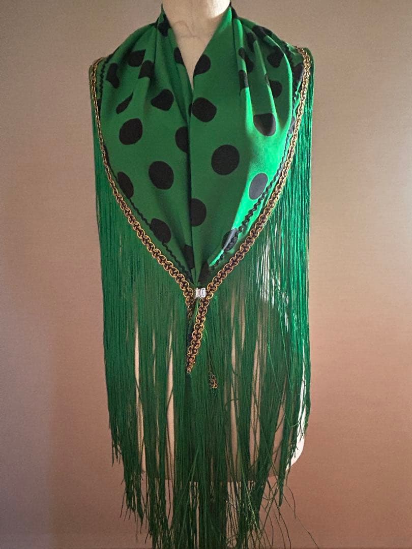 新品未使用グリーン×黒ドットフラメンコシージョ緑色水玉ロングフリンジ