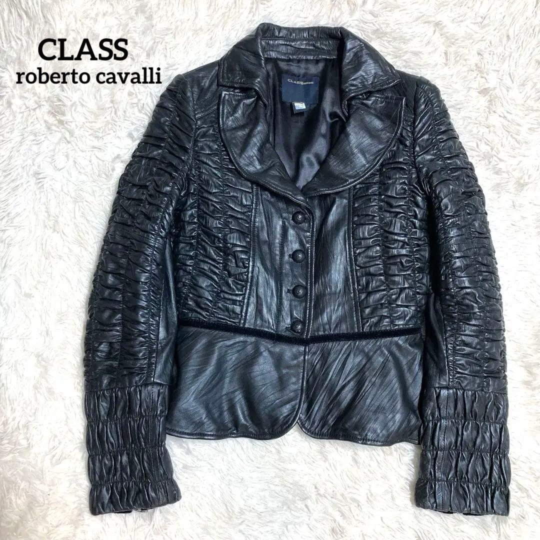 ロベルトカバッリ 希少 ラムレザージャケット ギャザー ペプラム 黒