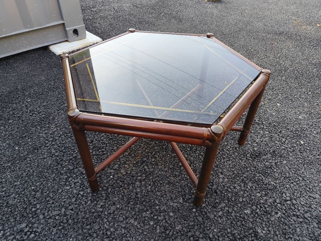 【関東限定】マルニ木工 六角形ガラステーブル 竹風 ヴィンテージセンターテーブル