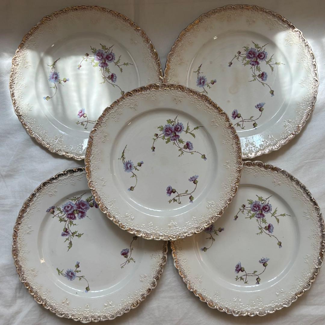 bbw01 フランス クレイユエモントロー プレート 金彩 青アザミ 5枚