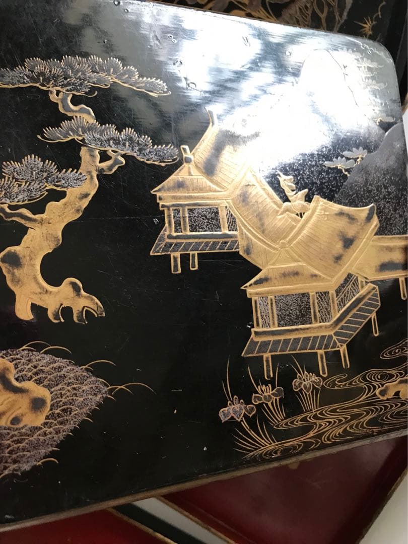 江戸 明治時代 骨董 漆器 金蒔絵　野弁当　重箱 風景花絵　黒塗内朱　天然木