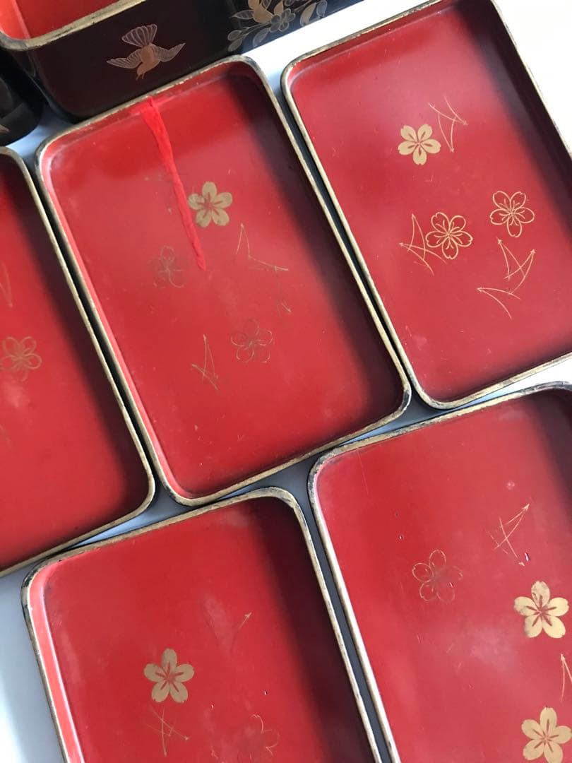 江戸 明治時代 骨董 漆器 金蒔絵　野弁当　重箱 風景花絵　黒塗内朱　天然木