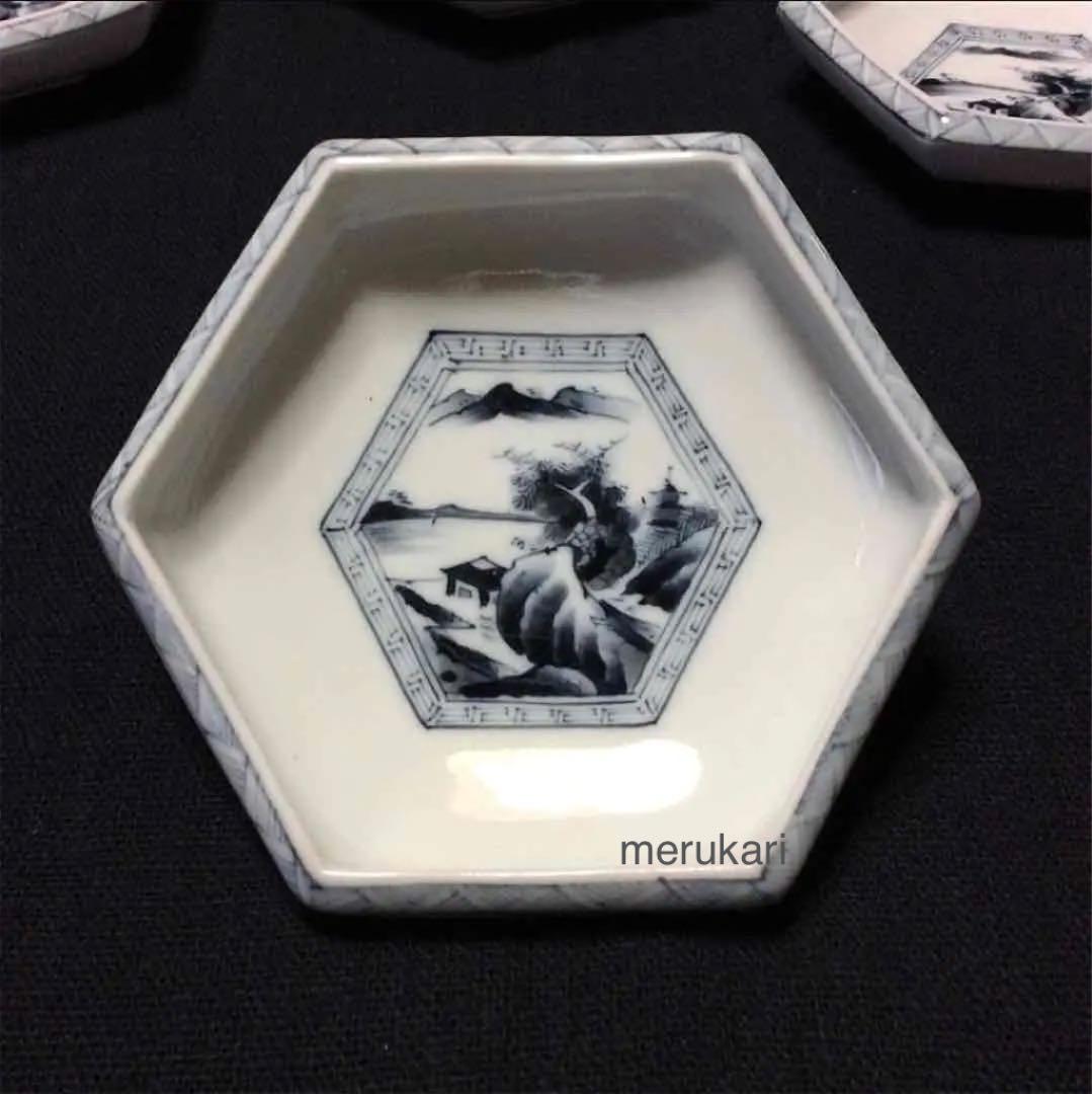 三川内焼 平戸 嘉祥窯 尾崎禮弓作 染付 古代山水画 六角向付 /骨董/時代物