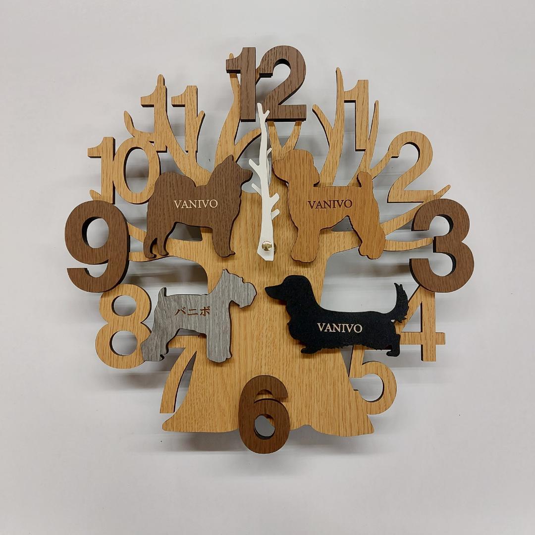 4匹のワンちゃんネコちゃんが選べる木とワンちゃんねこちゃん壁掛け時計