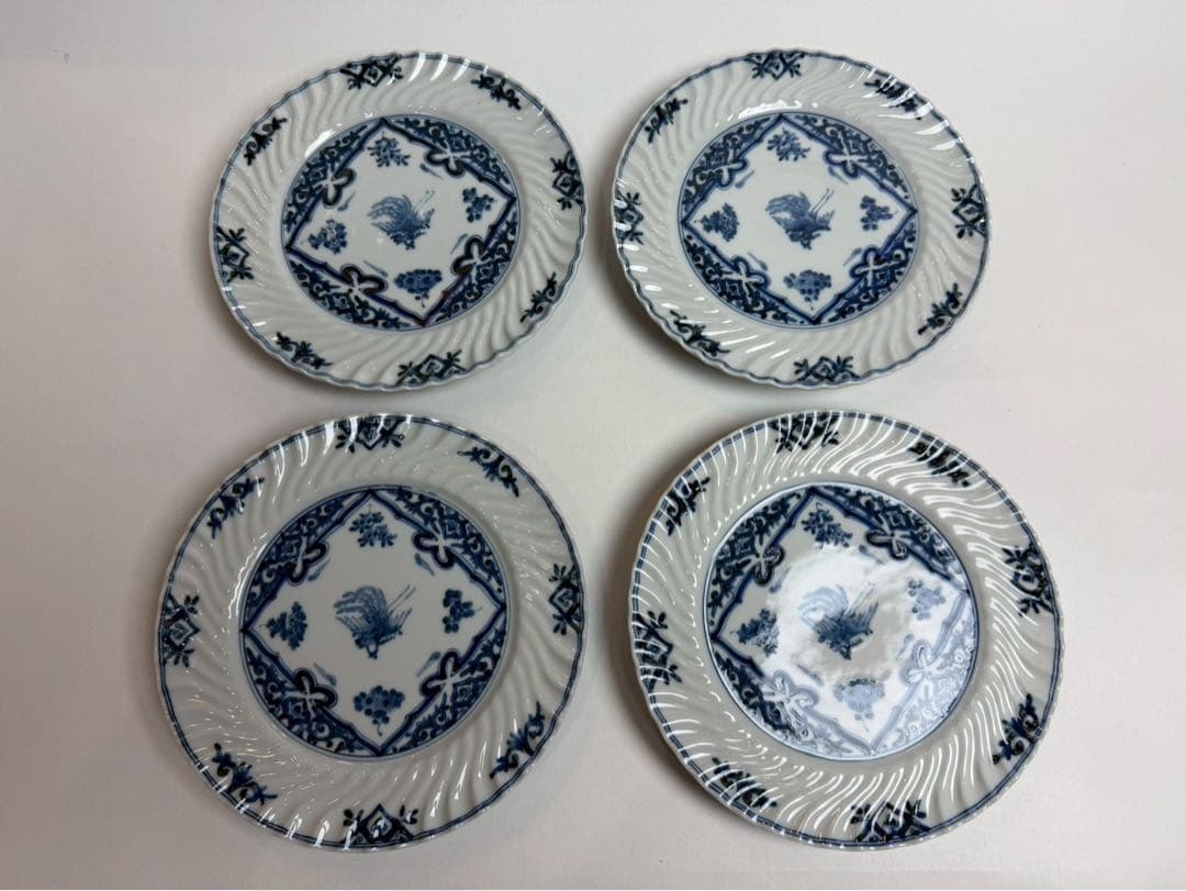 九谷　山本長左作 染付　鳳凰文和皿　4客入　禾使用、共箱、陶歷付