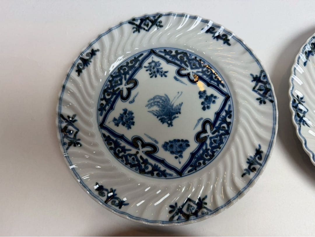 九谷　山本長左作 染付　鳳凰文和皿　4客入　禾使用、共箱、陶歷付