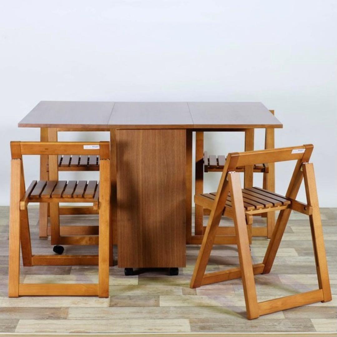 D 新品 伸張式 ダイニングセット テーブル 4人用 折り畳み 省スペース 木製