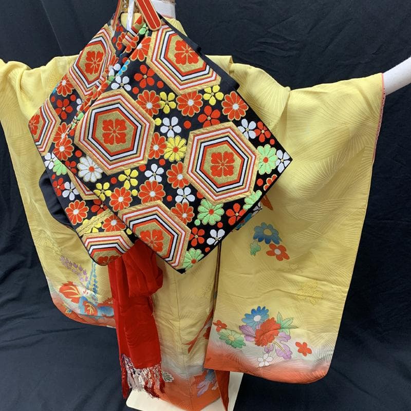 501ag30□七五三 七歳 女児 着物&袋帯&長襦袢 束ね熨斗 桐□状態良好