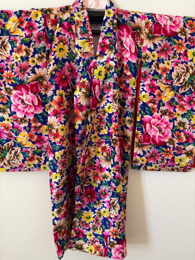 アンティーク　錦紗　子供着物　身丈92センチ　薔薇　ブルーベース