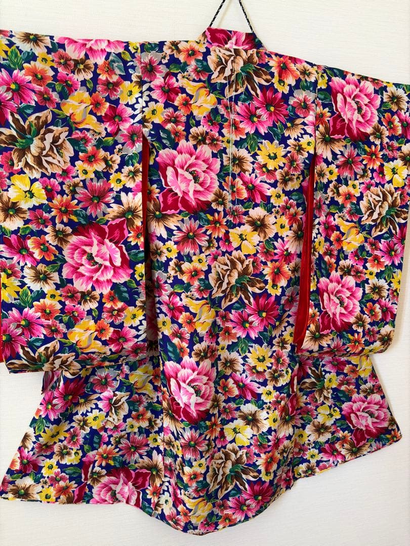 アンティーク　錦紗　子供着物　身丈92センチ　薔薇　ブルーベース