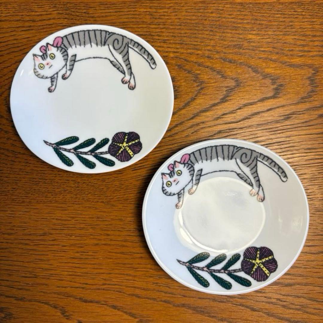 ◉新品未使用◉ 鹿児島睦　ネコと花のプレート２枚　箱付
