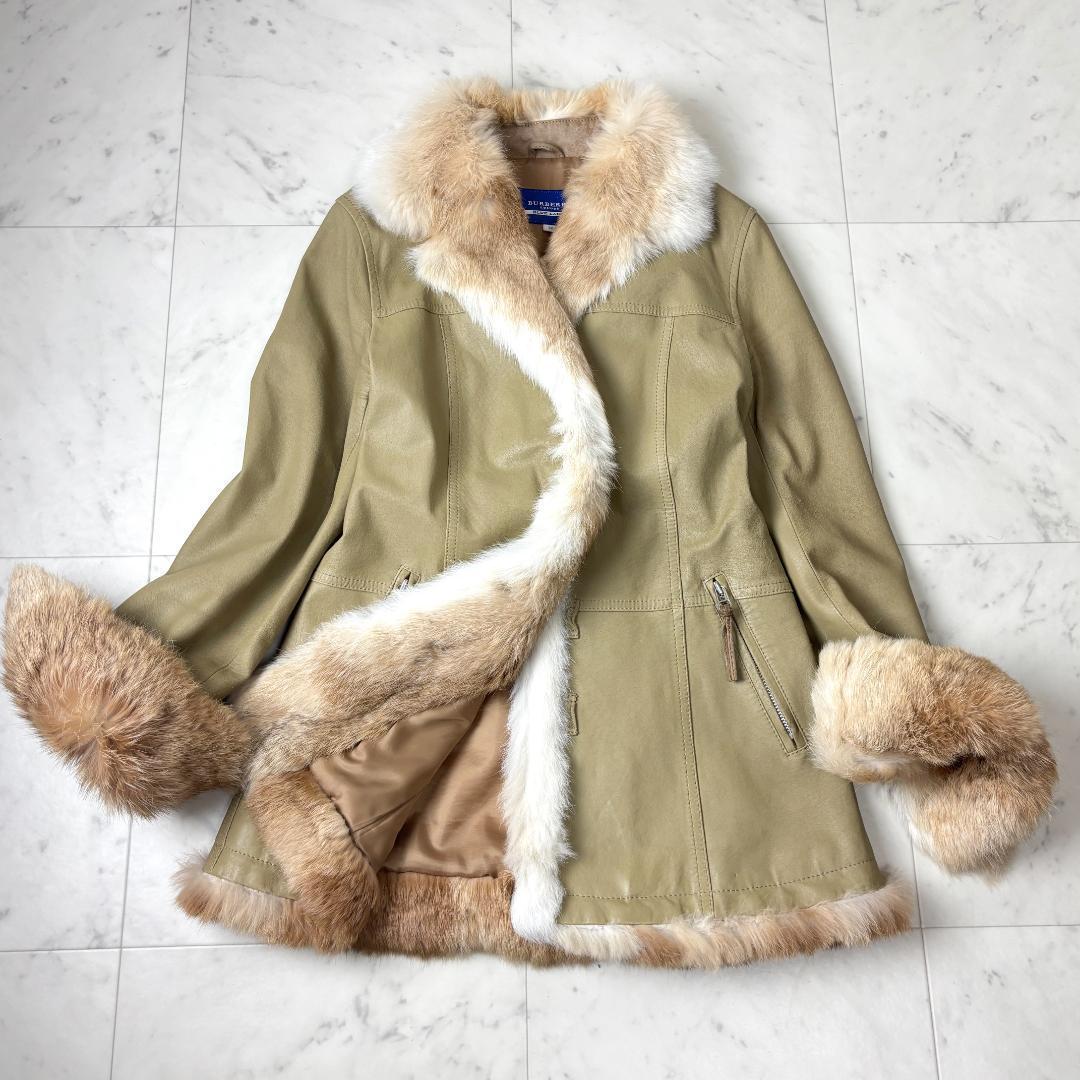 バーバリーブルーレーベル 38 レザー 本革 ファー 毛皮 ジャケット ベージュ