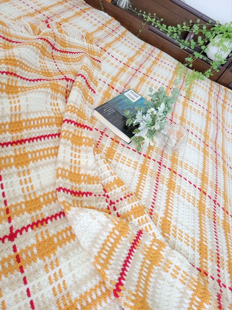 まるで織物！チェック柄のマルチカバー ソファーカバー ベットカバー 手編み