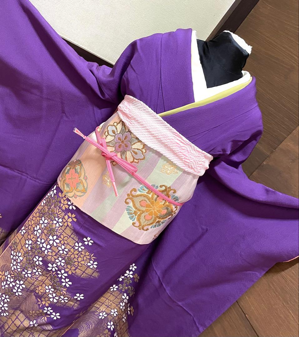 振袖 フルセット6点サイズM〜Ｌ流水舞桜文　金彩　正絹