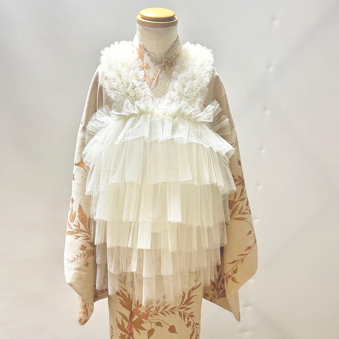 被布エプロン【オフホワイトフリル】チュール被布　被布ドレス　七五三チュールドレス
