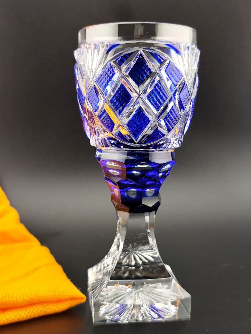 美品☆薩摩切子 脚付杯 瑠璃（切子、江戸切子、薩摩切子）