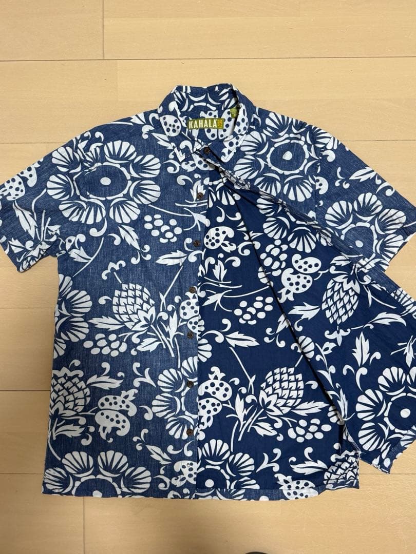KAHALA アロハシャツ 半袖 花柄 青×白 ハワイ製