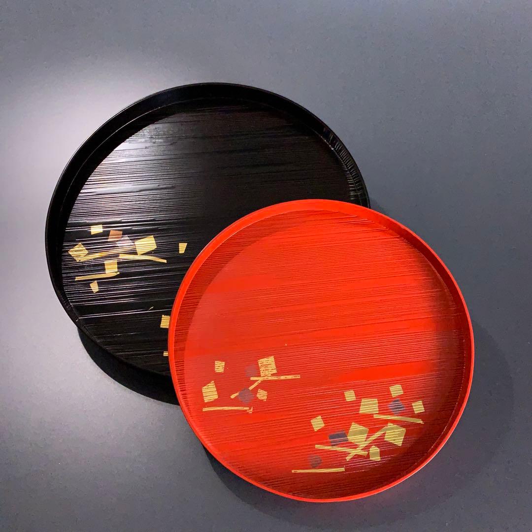 漆塗　丸盆２枚セット　象彦　運び盆　金銀彩　R0726ダ