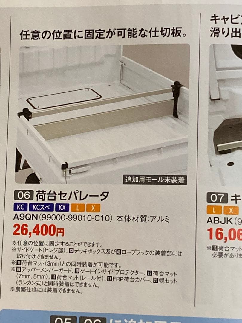 スズキキャリイ　アクセサリー　荷台セパレータ