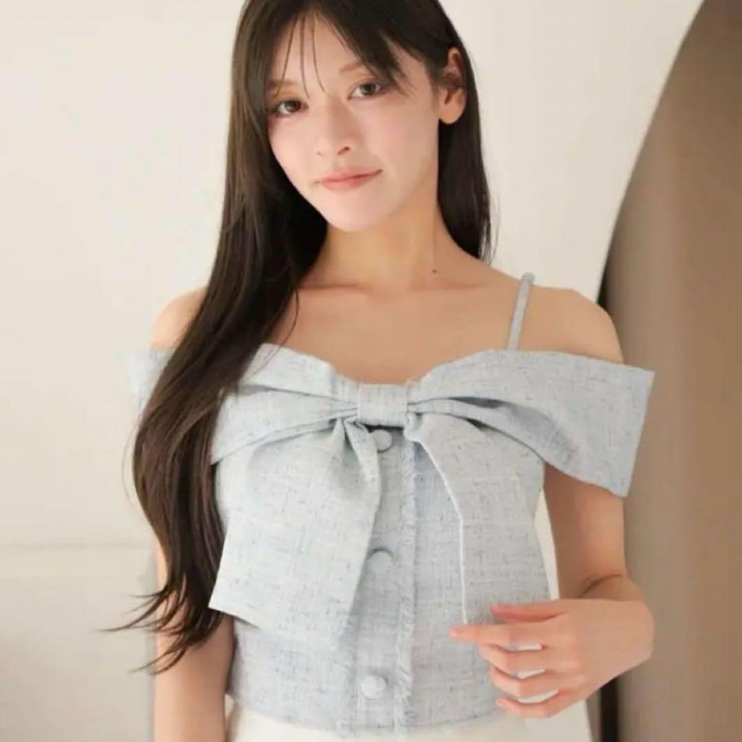 LIP SERVICE ツイードリボンオフショルトップス 水色