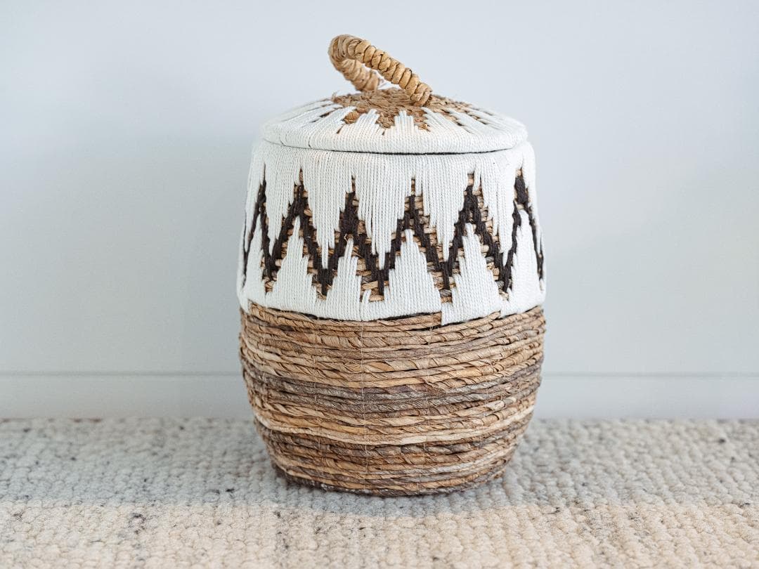 バリ島買付 直径30cm 手編み 蓋付きかご 収納バスケット