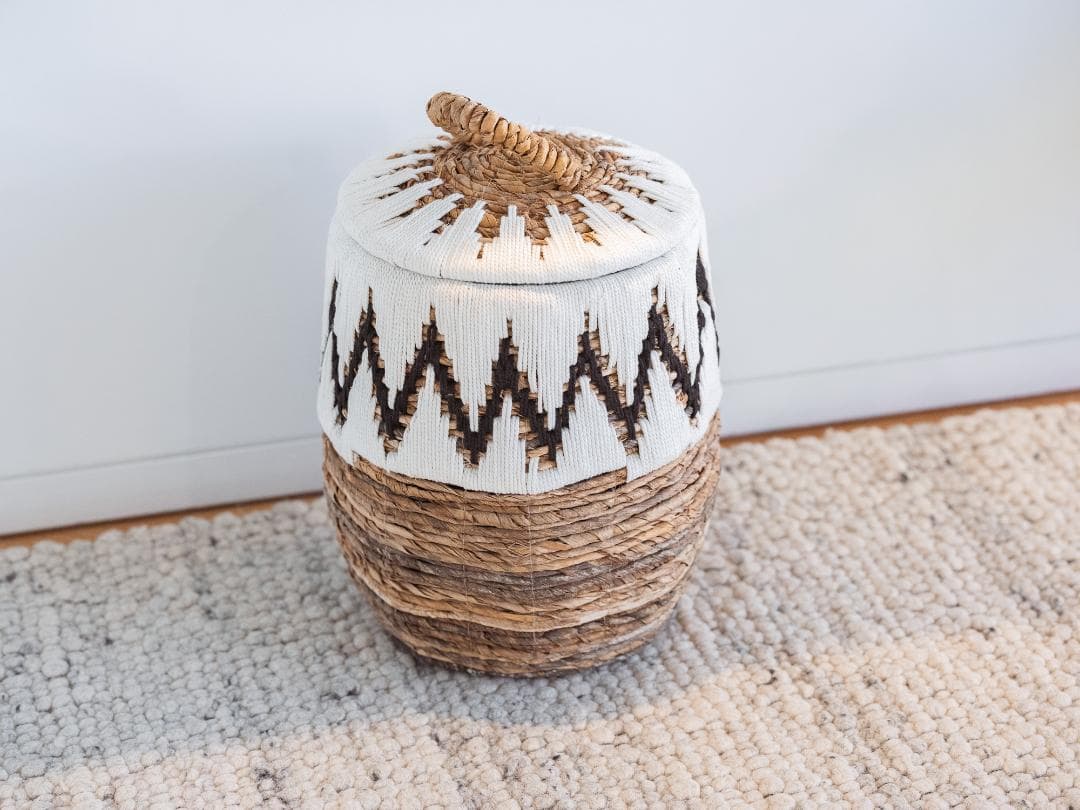 バリ島買付 直径30cm 手編み 蓋付きかご 収納バスケット