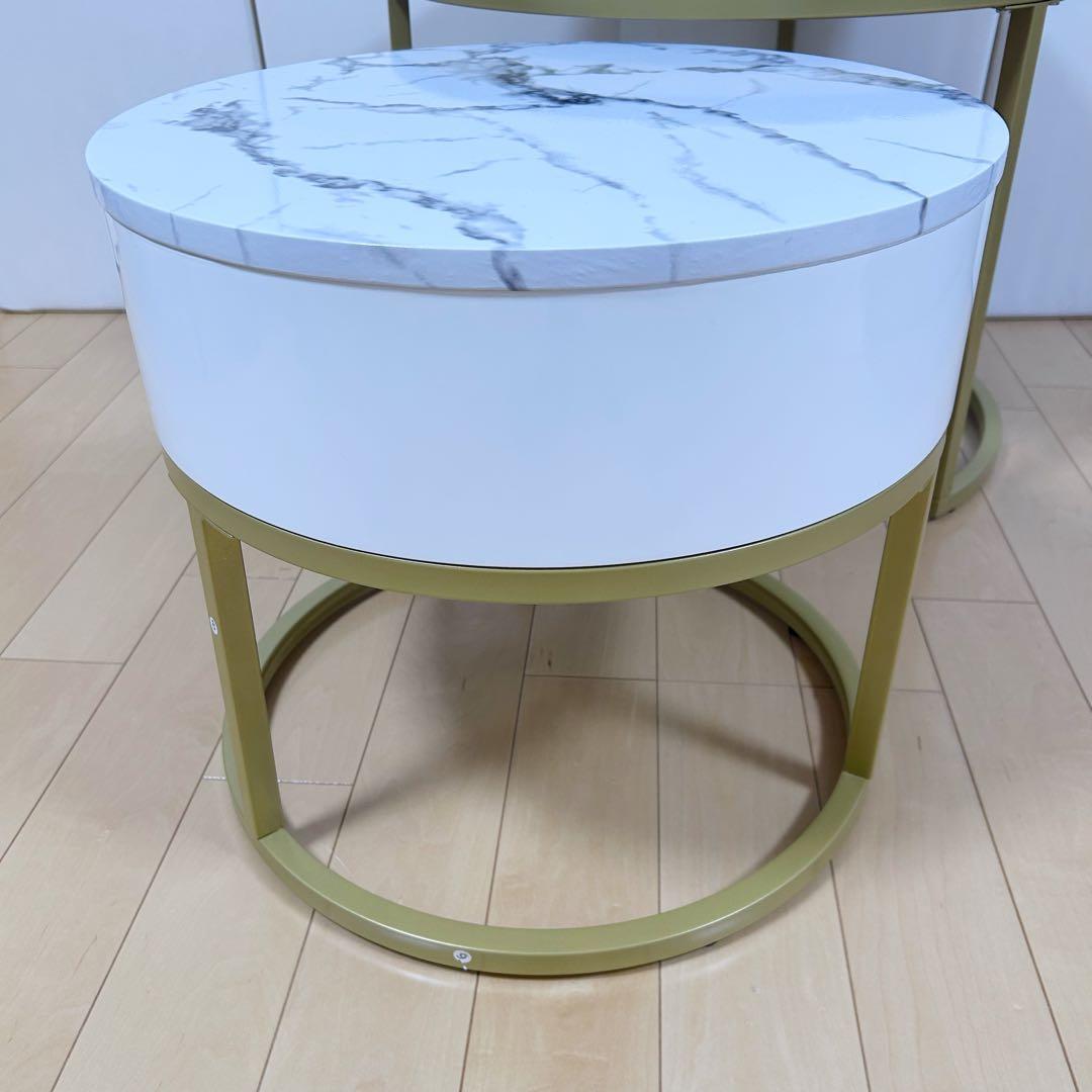 ネストテーブル サイドテーブル ナイトテーブル　丸 引出付き 収納　大理石調