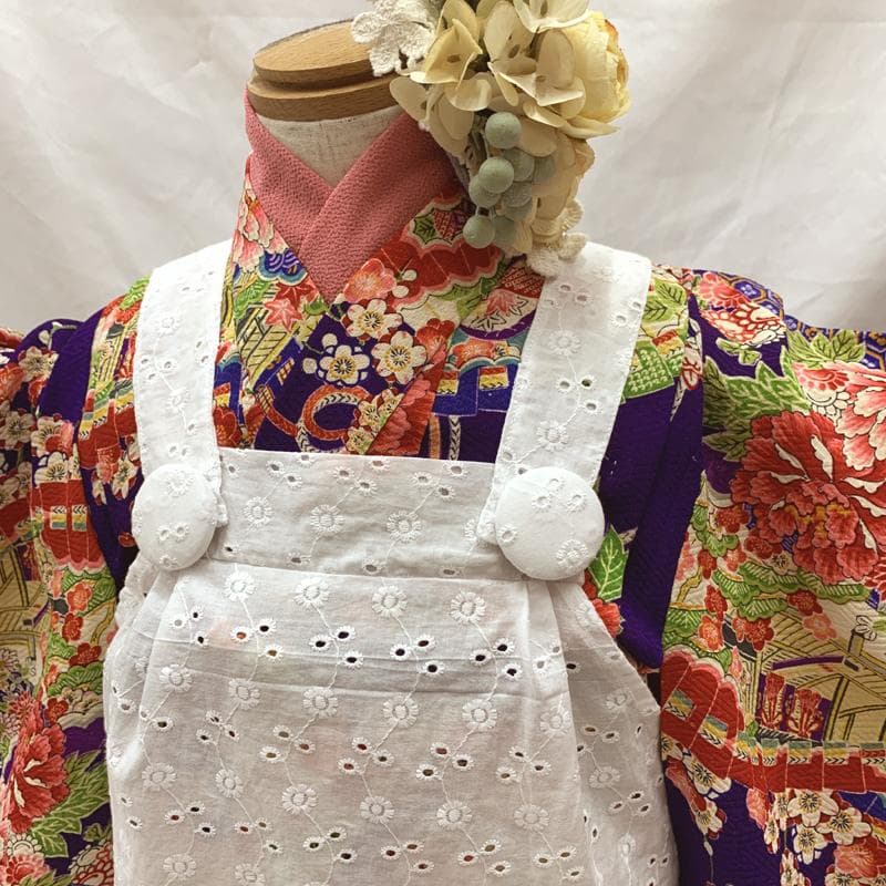 509ag41□七五三 三歳 アンティーク 女児 着物&被布 総柄 扇 花文□