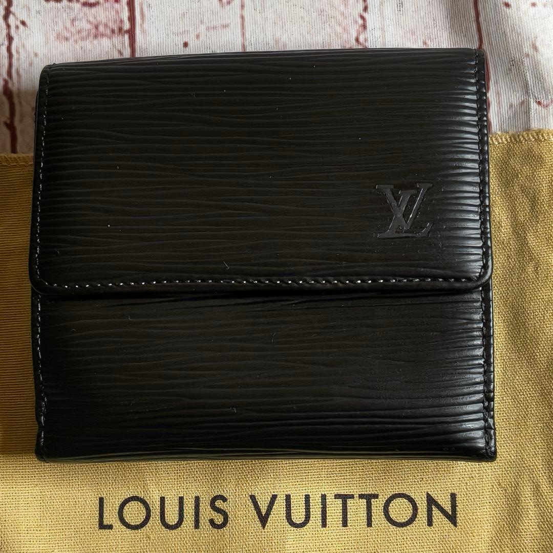 【美品】ルイヴィトン 二つ折財布 エピ ポルトモネ 本革 レザー Wホック／黒X