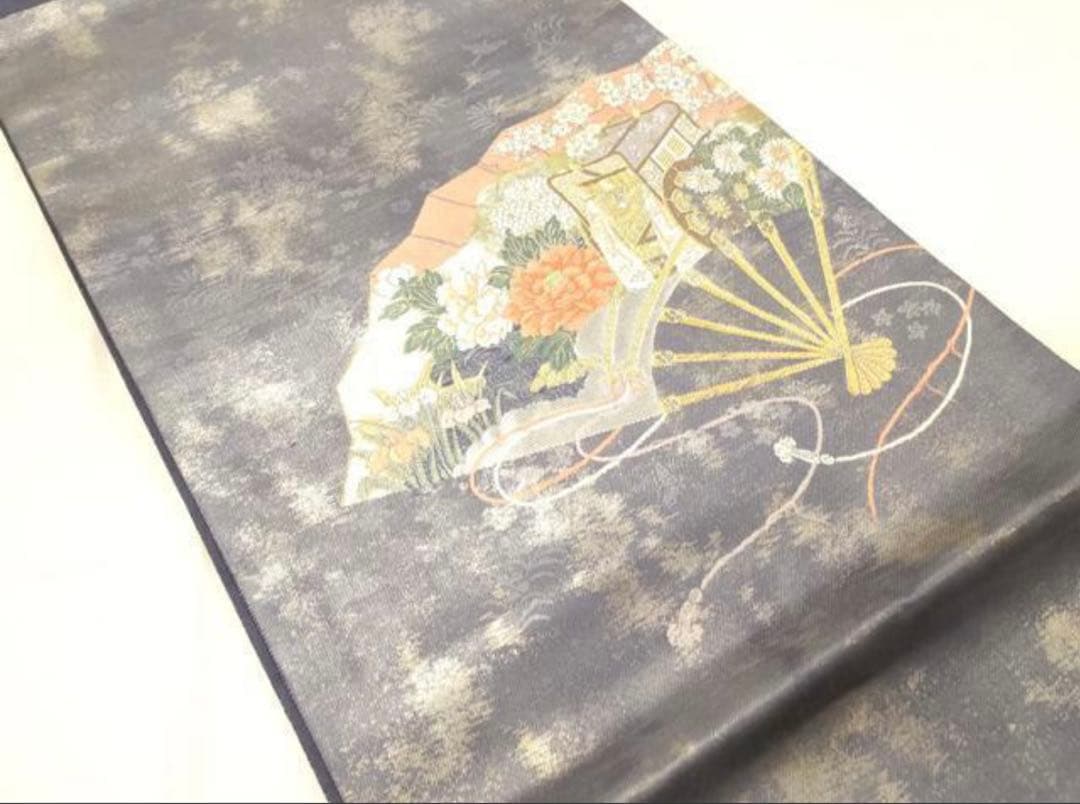 振袖 フルセット6点サイズS〜M 貝桶花文正絹袋帯唐織扇面御所車花文　金銀糸引箔