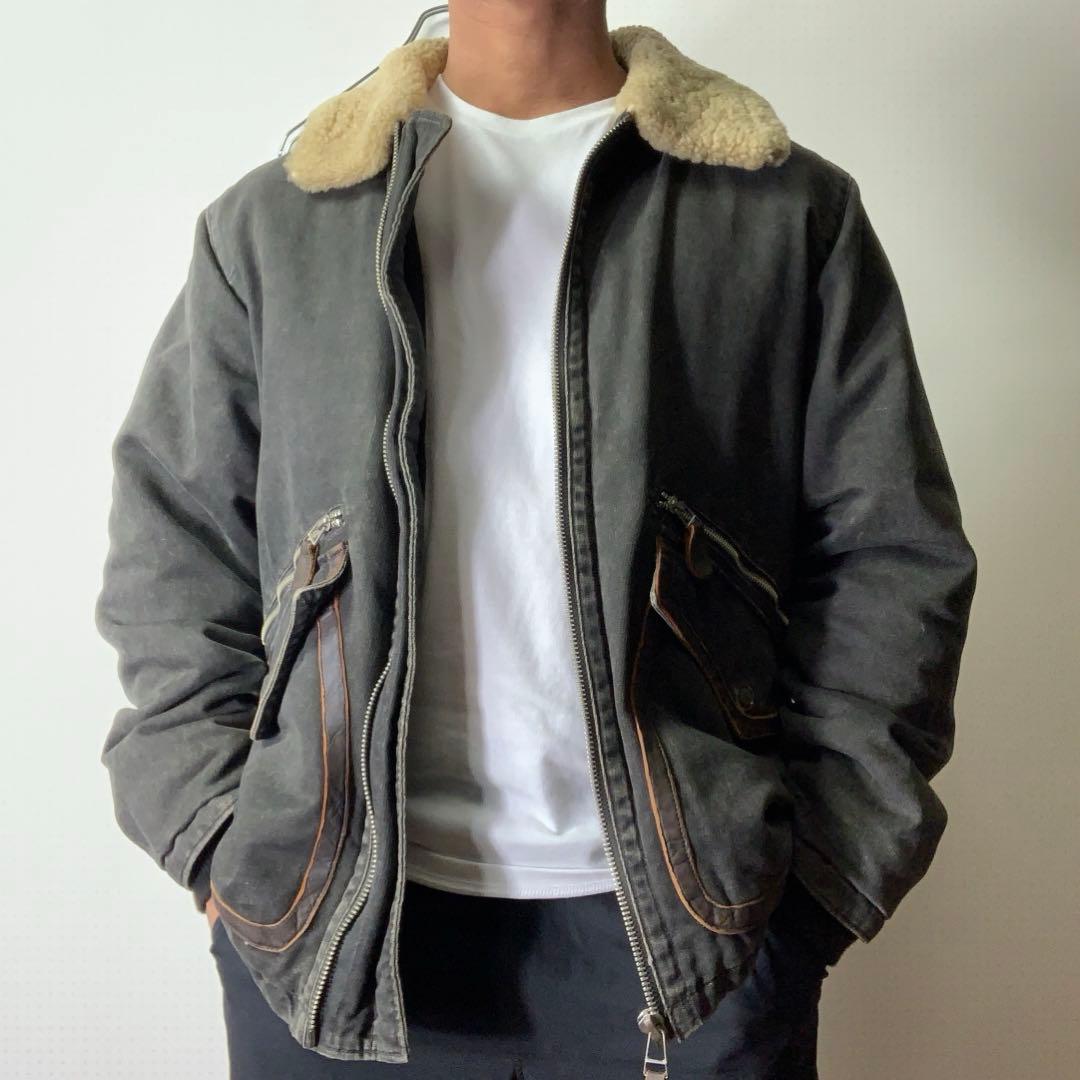 00s avirex フライトジャケット L 襟羊毛ボア 中綿 レザー ブラック