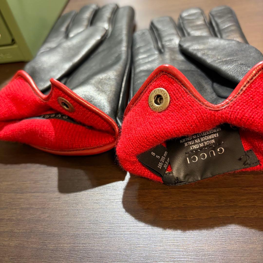未使用 グッチ GUCCI ラムレザー カシミヤライナー ブラックレッド手袋