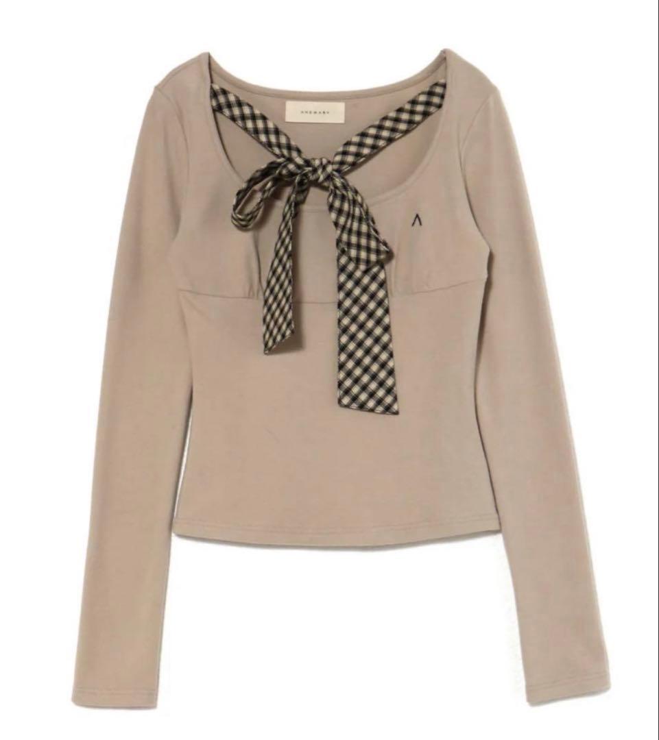 andmary Ami ribbon check tops beige ベージュ