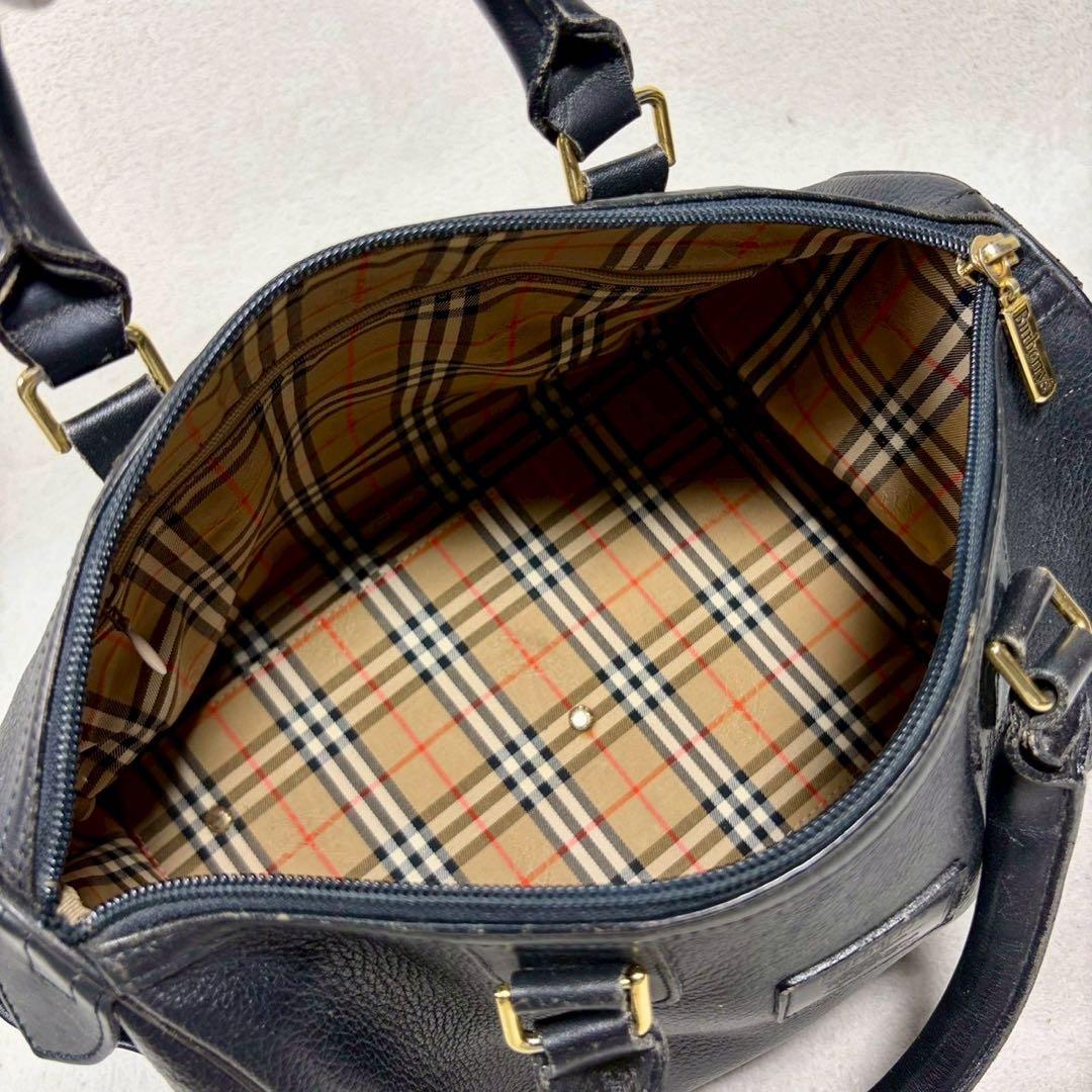 【美品✨】バーバリー ミニボストンバッグ ノバチェック ホースロゴ レザー 黒