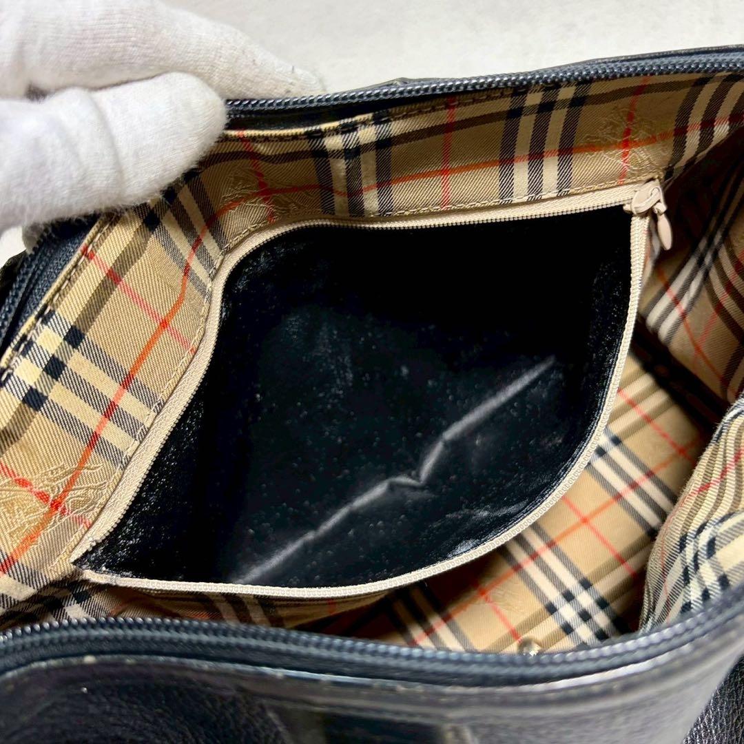 【美品✨】バーバリー ミニボストンバッグ ノバチェック ホースロゴ レザー 黒