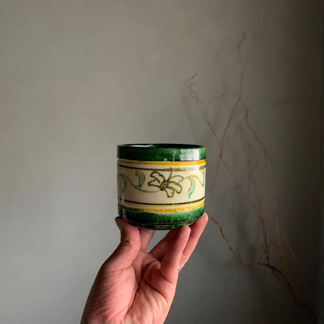 緑釉にしゃれた花柄の筒 筒茶碗 火入 京焼 古美術 古道具 アンティーク 茶道具