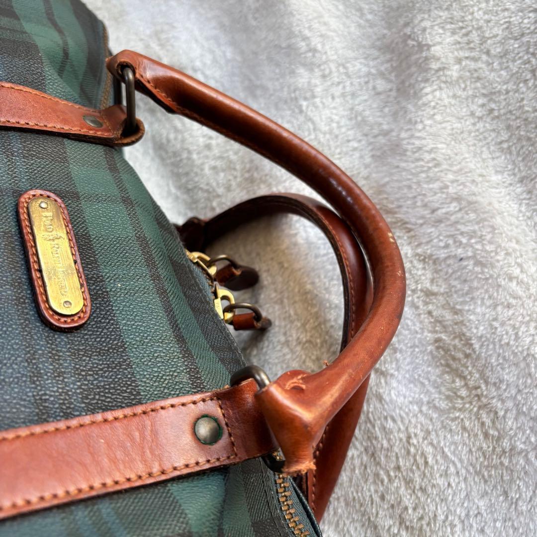 ポロラルフローレン ボストンバッグ 2WAY PVCレザー グリーン チェック柄