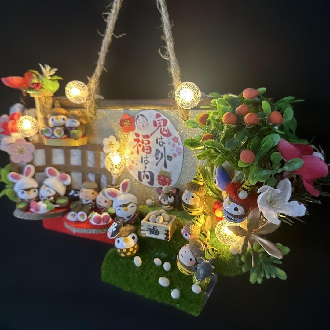 どんぐりアート♡節分オブジェライト＆かまくらオブジェライトダックス柴犬添え♡