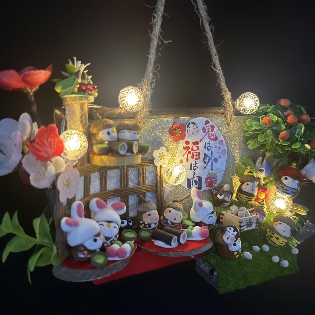 どんぐりアート♡節分オブジェライト＆かまくらオブジェライトダックス柴犬添え♡