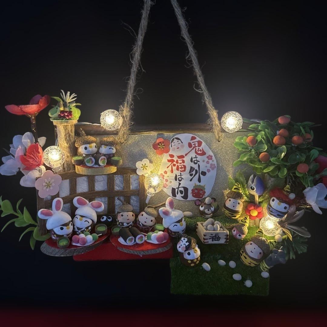 どんぐりアート♡節分オブジェライト＆かまくらオブジェライトダックス柴犬添え♡